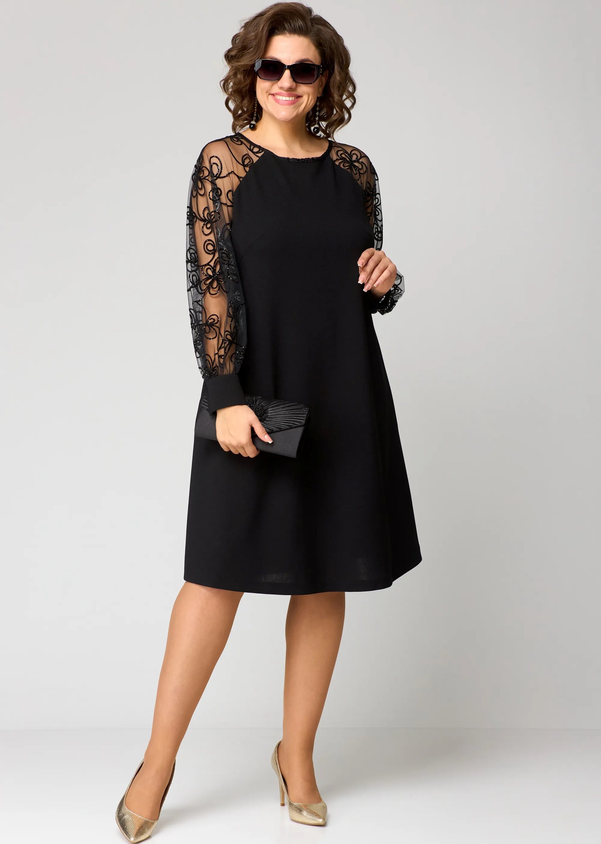 Gabrielle - A-Linien Kleid mit bestickten Mesh-Ärmeln