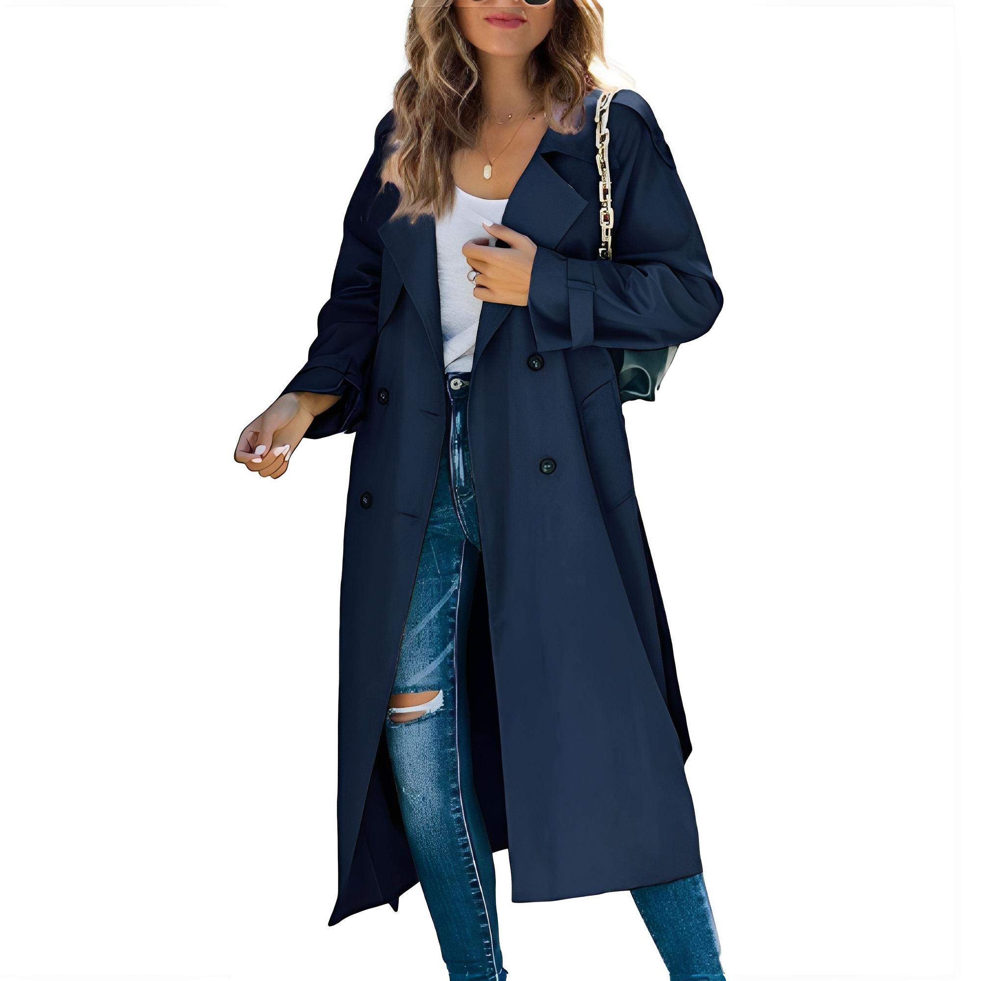 Jodie - Eleganter langer Damen-Trenchcoat mit Zweireiher