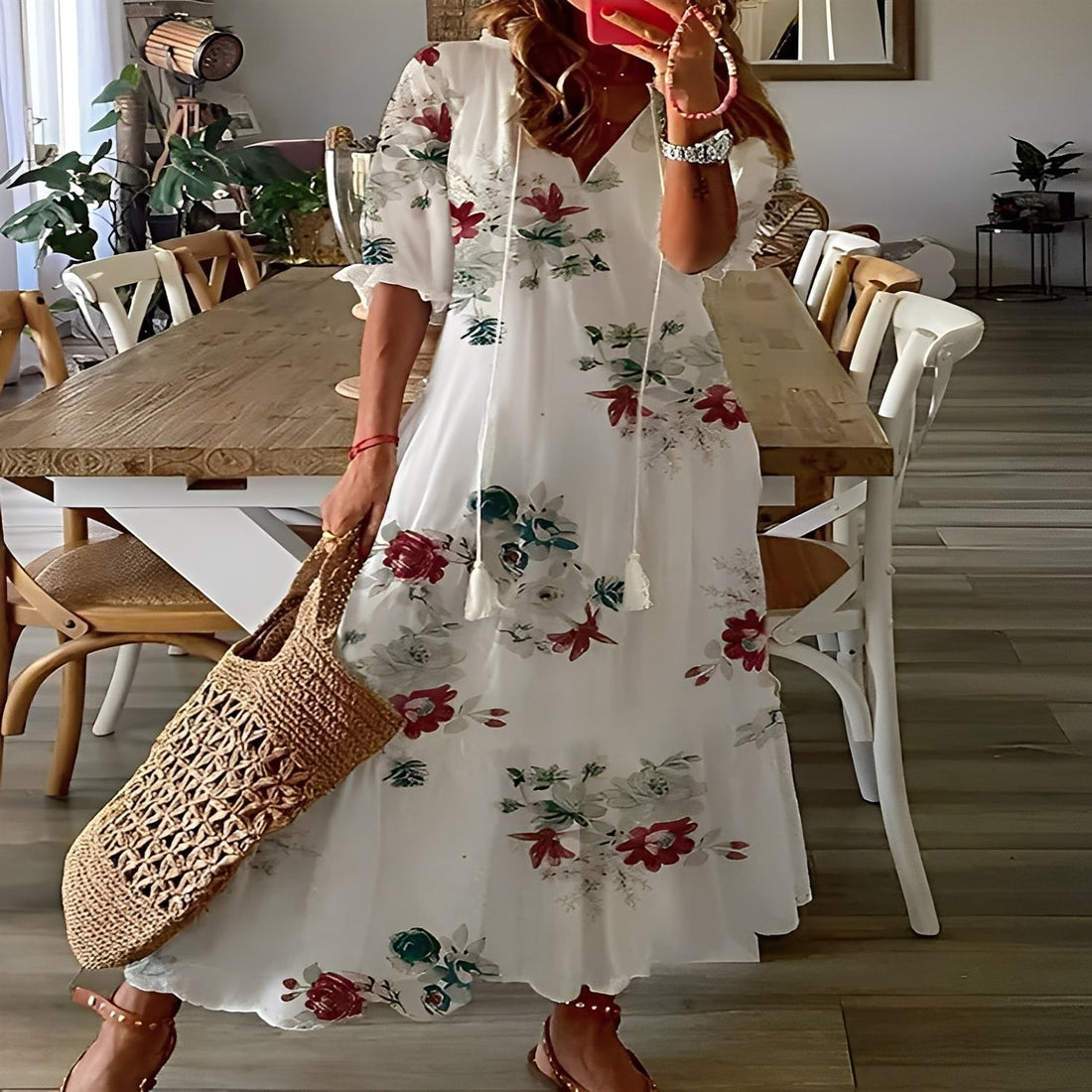 Domitille - Elegantes V-Ausschnitt-Kleid, locker geschnitten für Damen