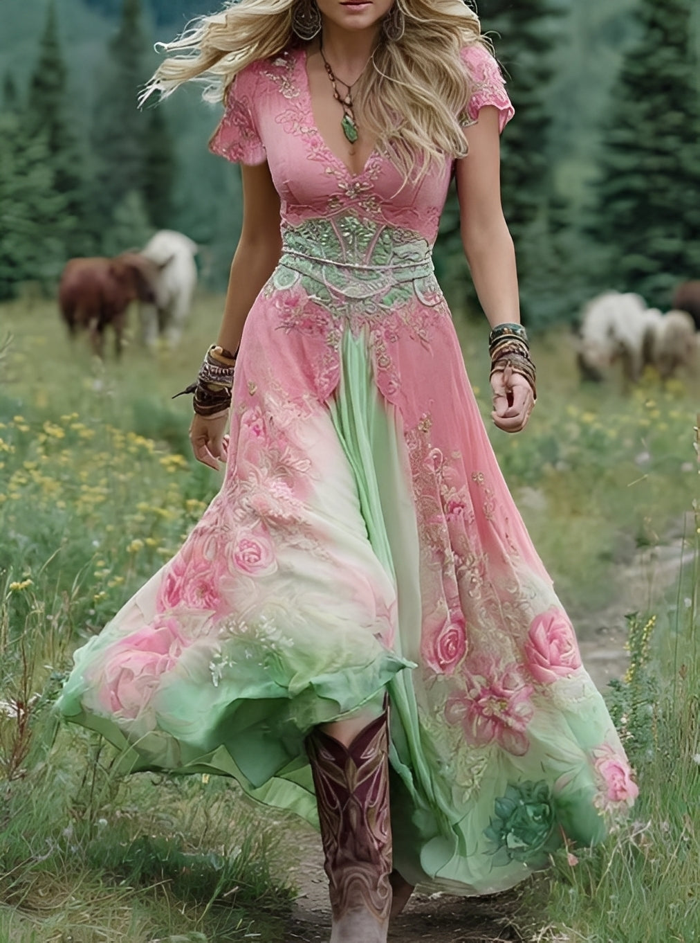 Erica - Elegantes langes Kleid mit floralem Muster für Frauen