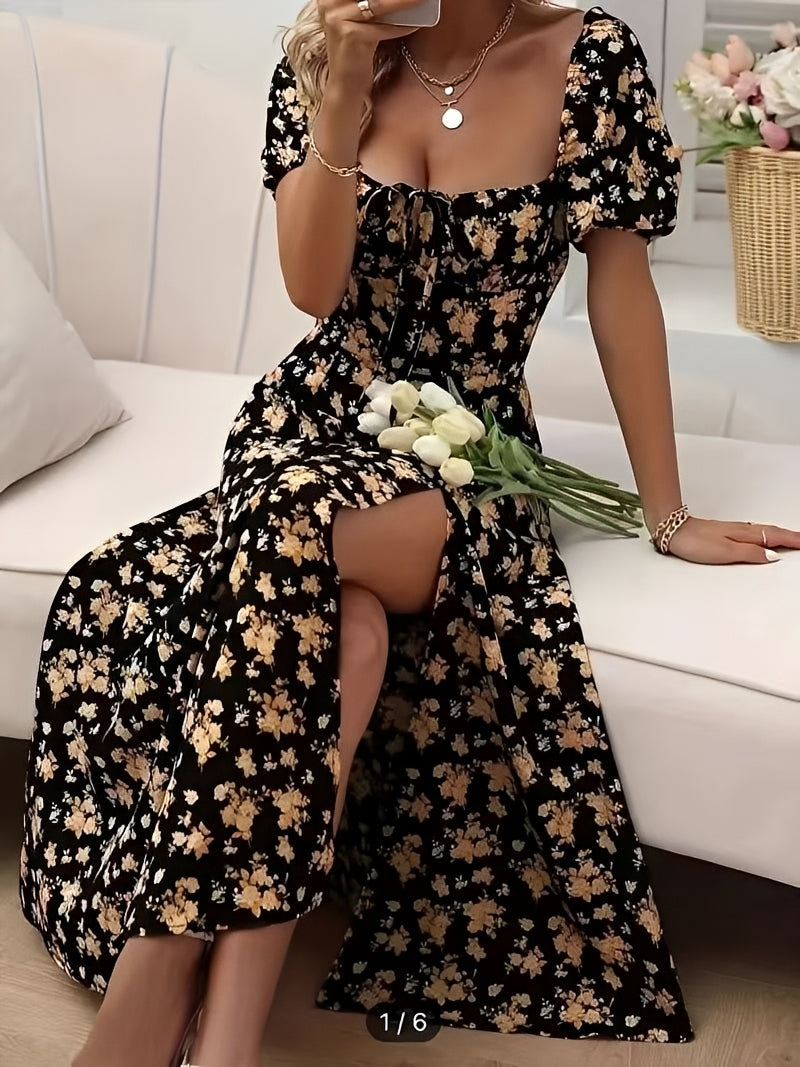 Jules - Zeitgemäßes geblümtes Damenkleid mit Schlitz