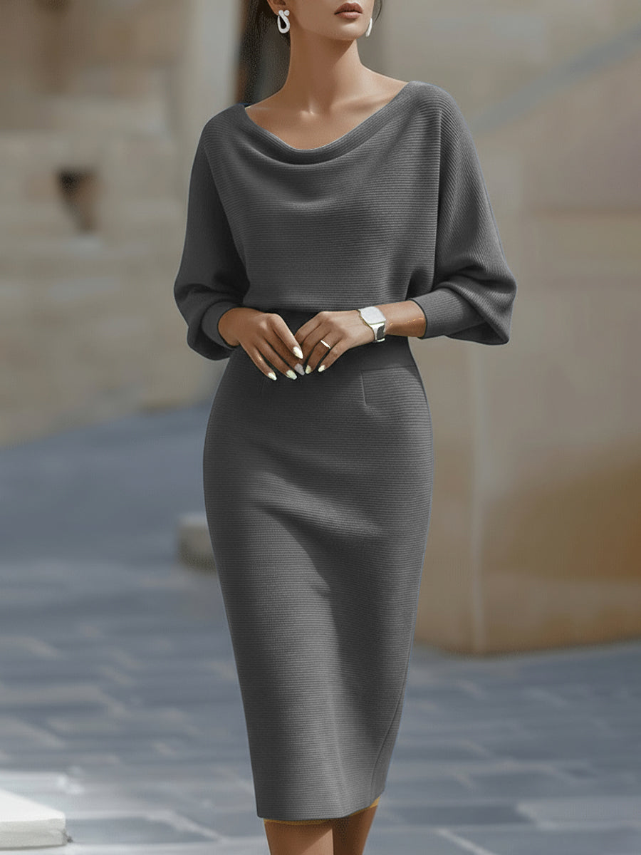 Wendy - Elegantes Midi-Kleid mit Drapiertem Kragen