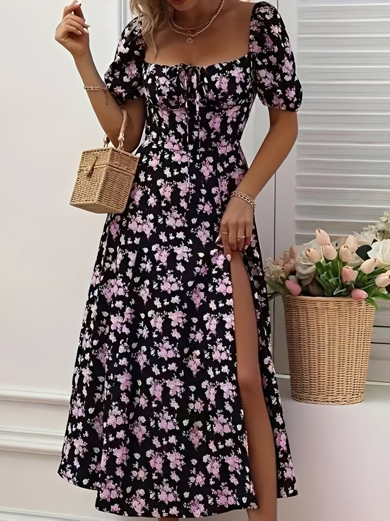 Jules - Zeitgemäßes geblümtes Damenkleid mit Schlitz