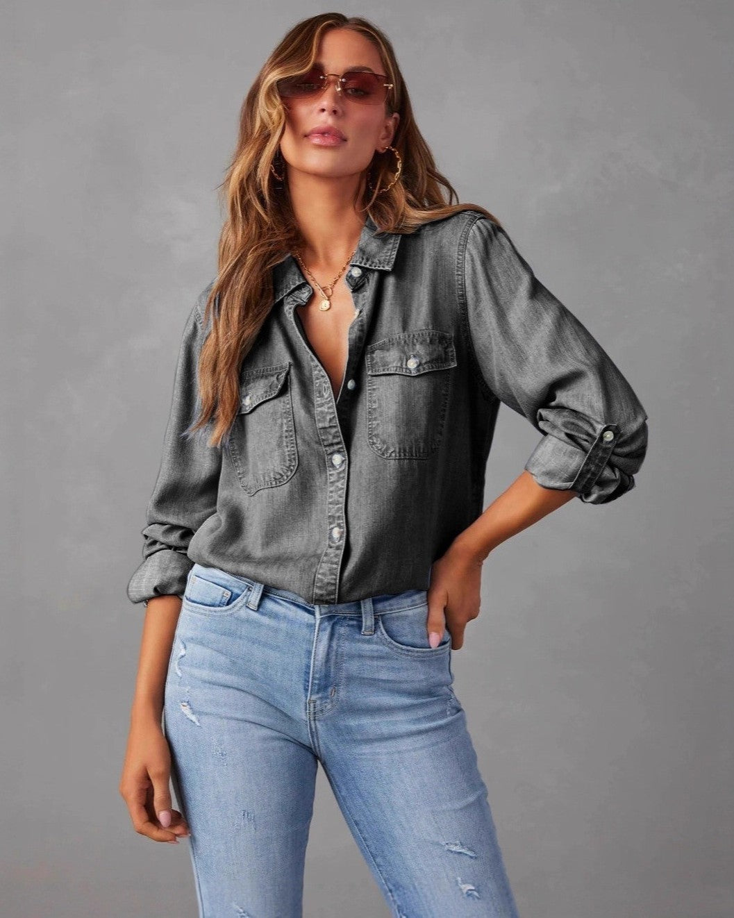 Susan - Vintage-Damenjeanshemd mit Reverskragen