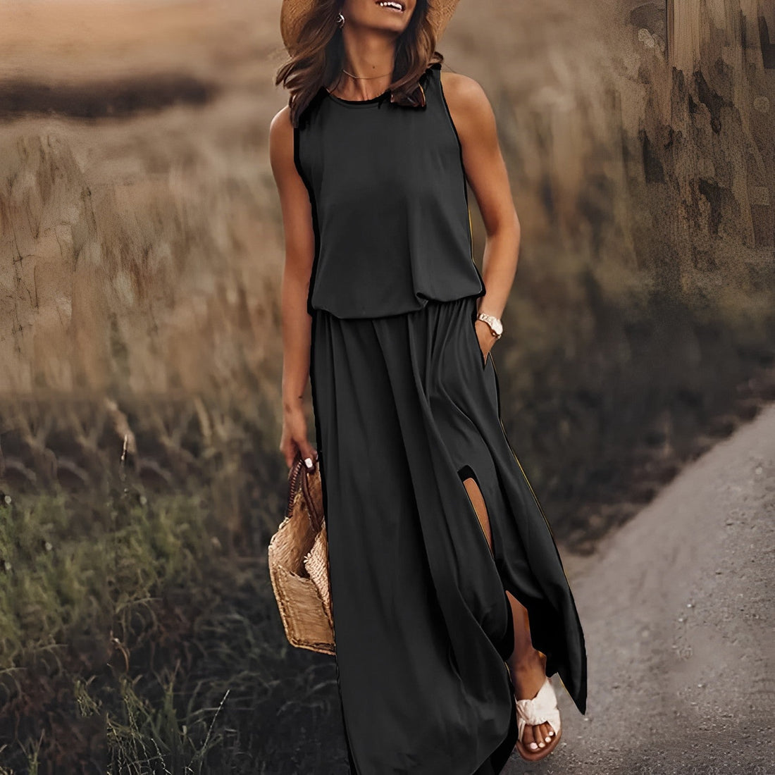 Kleid Mina mit geschlitztem Saum und zwei Taschen