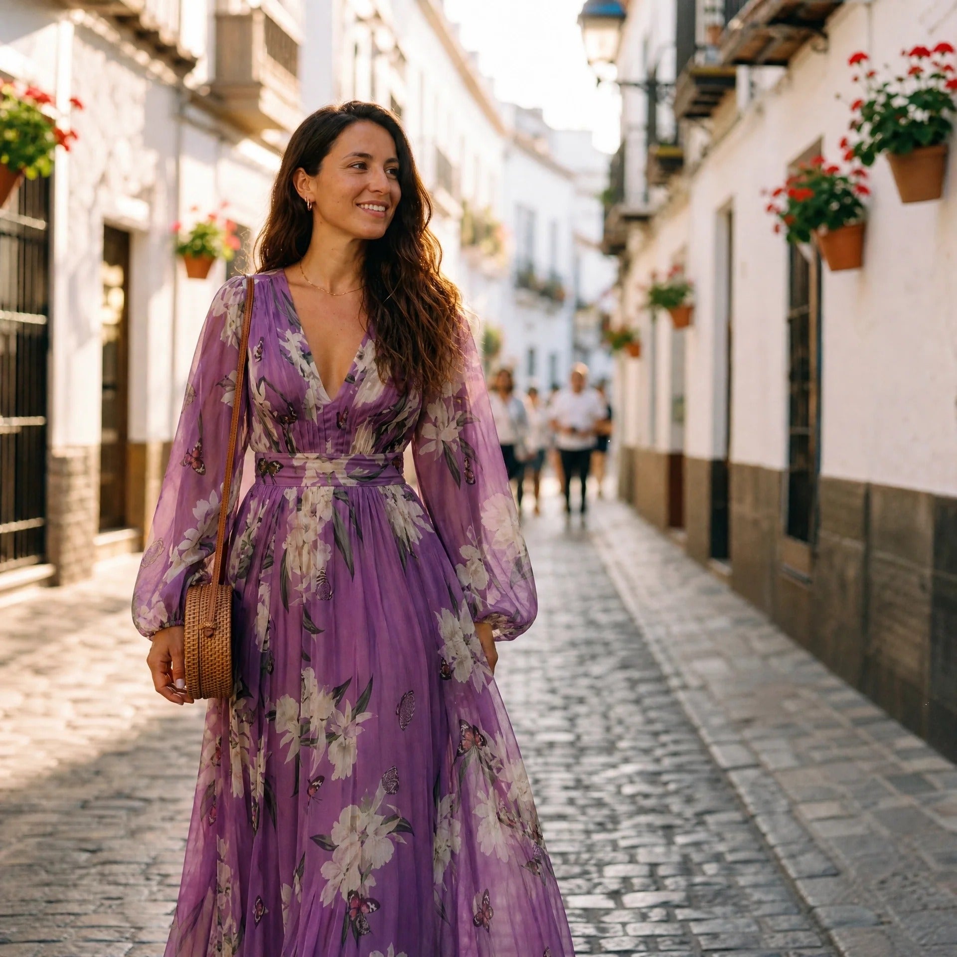 Leanne - Langes Kleid mit Blumenmotiven und sanftem Schwung