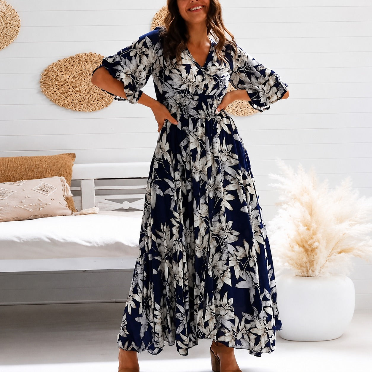 Michaela - Elegantes, Lässiges Blumenkleid in Midilänge
