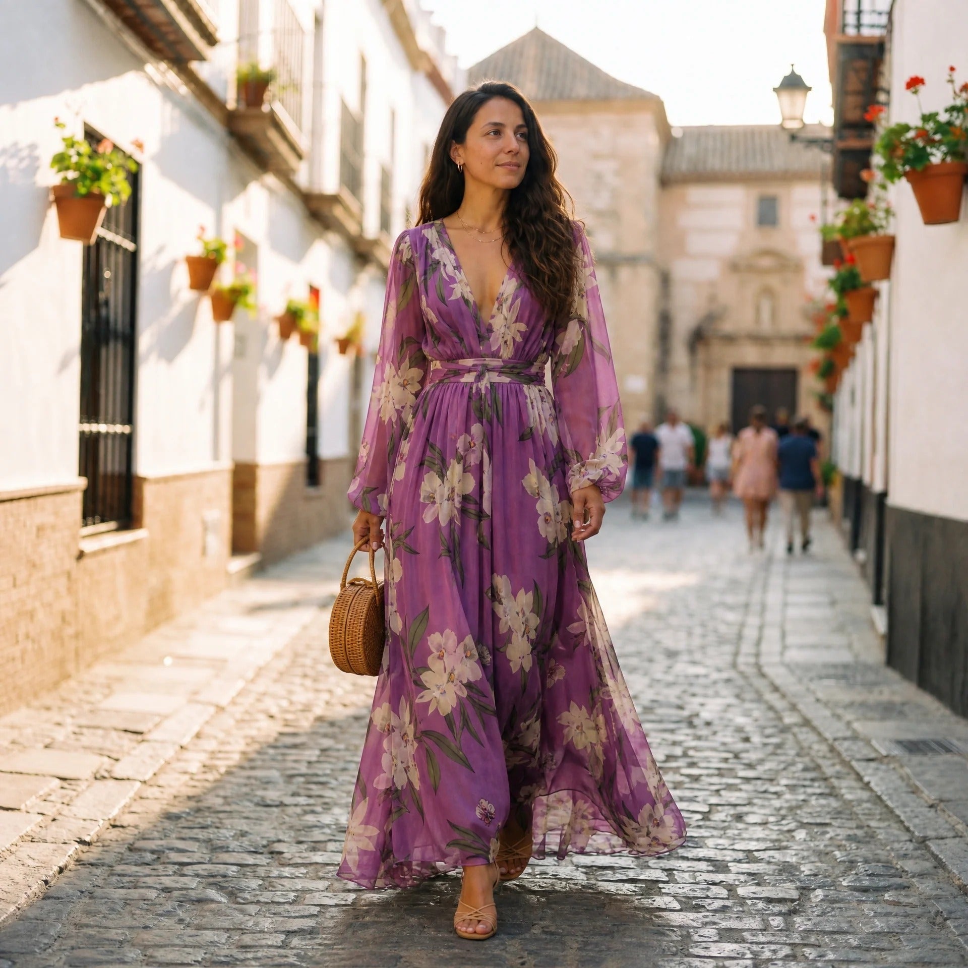 Leanne - Langes Kleid mit Blumenmotiven und sanftem Schwung