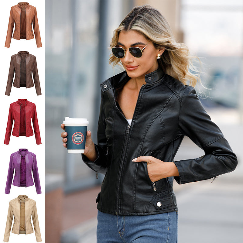 Claudia – Biker-Lederjacke mit Stehkragen