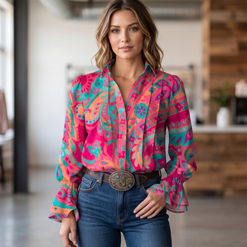 Bluse Damen mit Kragen – Langarm, lockere Passform, Paisley-Allover-Muster, Rüschenbündchen