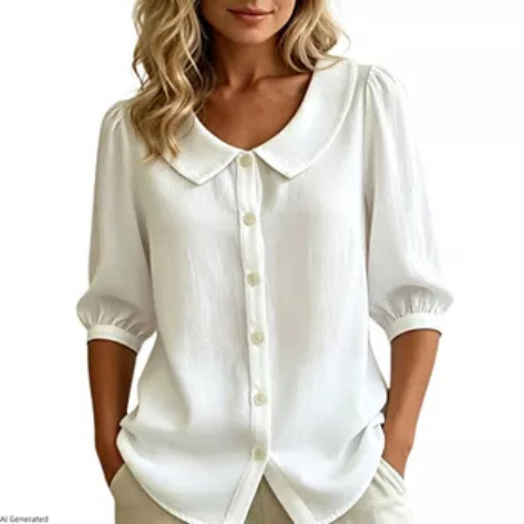 Bluse für Damen mit Knopfleiste vorne, Peter-Pan-Kragen, 3/4-Puffärmel, lockerer Schnitt