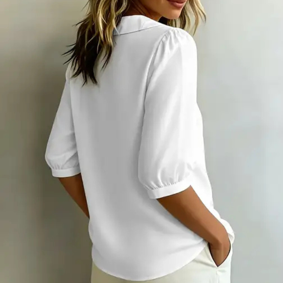Bluse für Damen mit Knopfleiste vorne, Peter-Pan-Kragen, 3/4-Puffärmel, lockerer Schnitt
