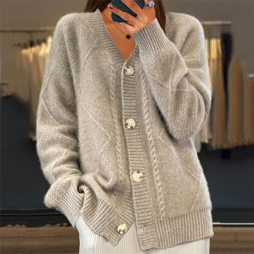 Cardigan Damen V-Ausschnitt Knopfleiste Kabelzopf-Detail Diamond-Struktur Relaxed Fit
