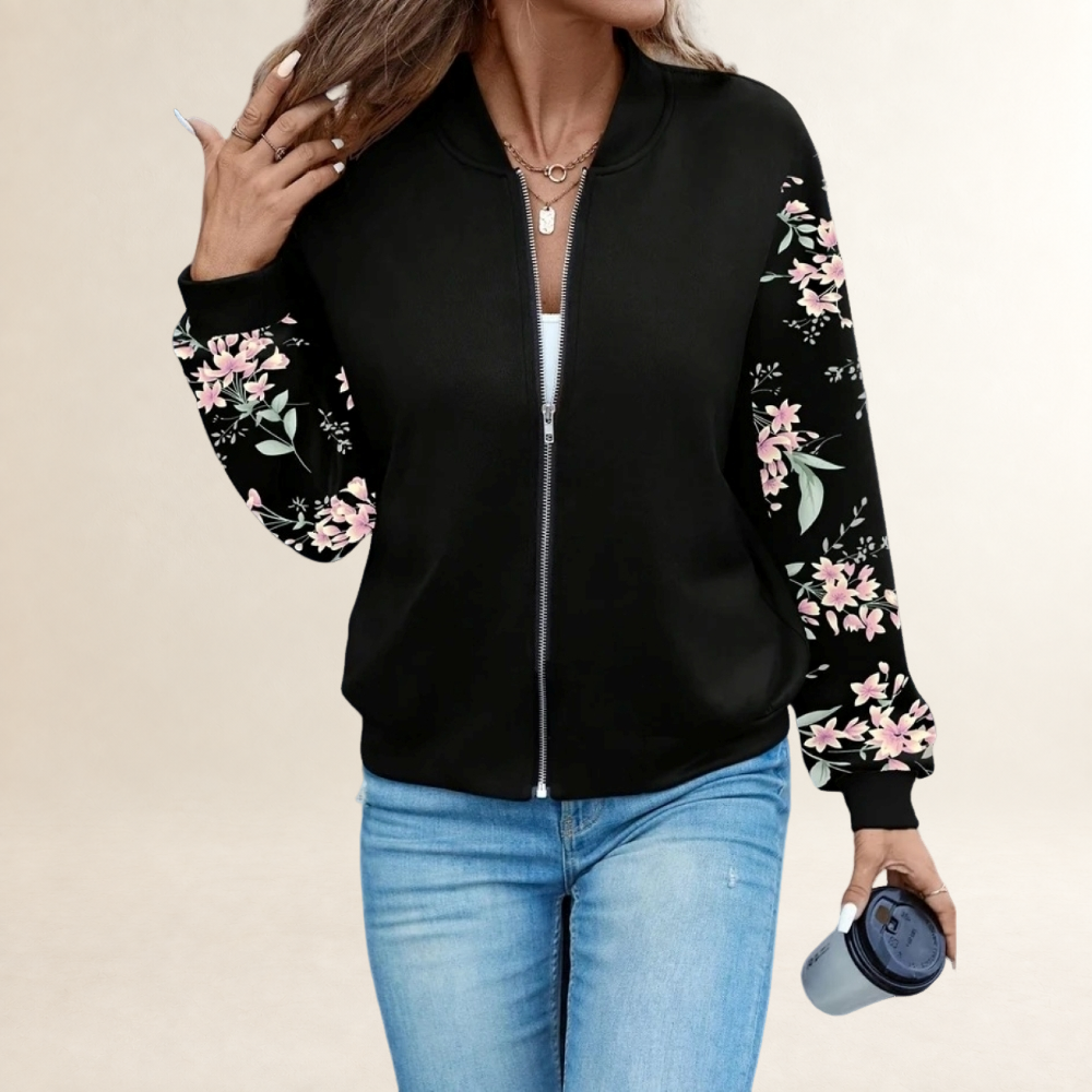 Damen Übergangsjacke mit Reißverschluss und floralem sowie Leo-Muster an den Ärmeln