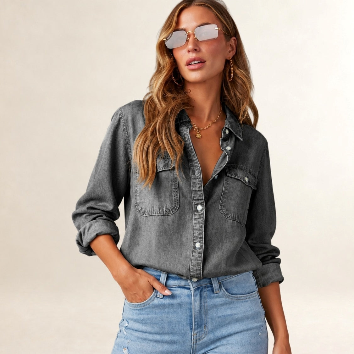 Damen Bluse Knopfleiste Brusttaschen Langarmroll-Tab Ärmel Relaxed Fit
