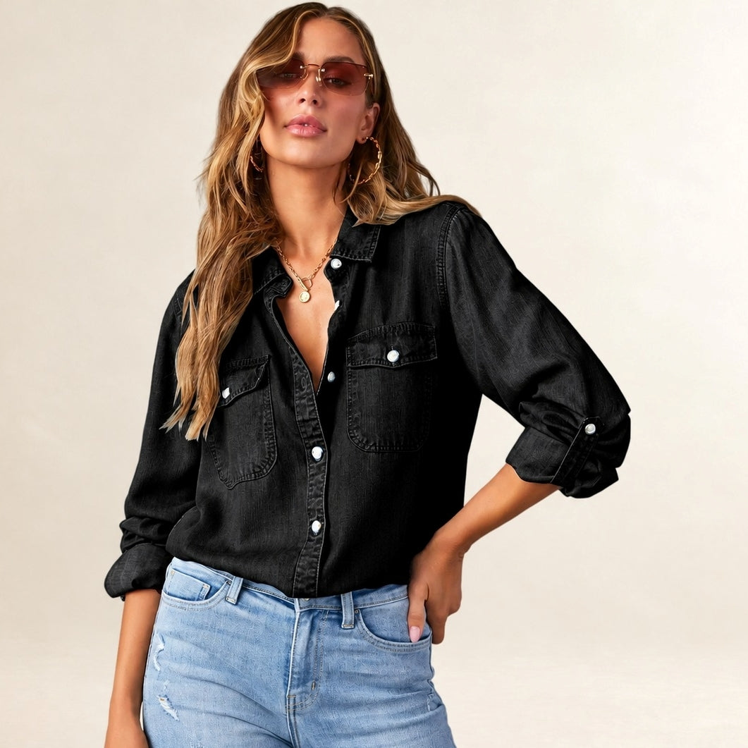 Damen Bluse Knopfleiste Brusttaschen Langarmroll-Tab Ärmel Relaxed Fit