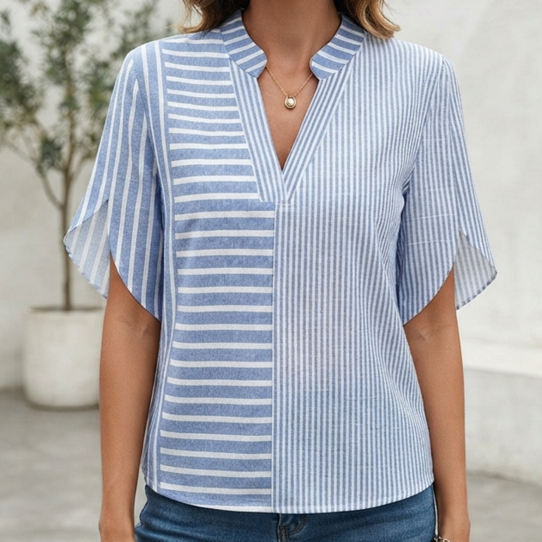 Damen Bluse mit Mandarinkragen und V-Ausschnitt, mittellange Ärmel, Seitenschlitze, lockere Passform