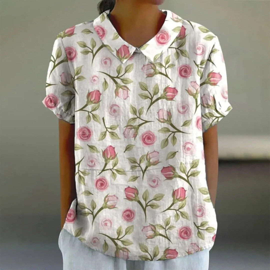Damen Bluse mit Notch-Kragen-V-Ausschnitt, kurze Ärmel, locker fallend, Allover-Muster