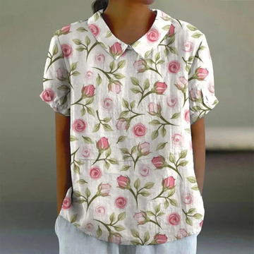 Damen Bluse mit Notch-Kragen-V-Ausschnitt, kurze Ärmel, locker fallend, Allover-Muster