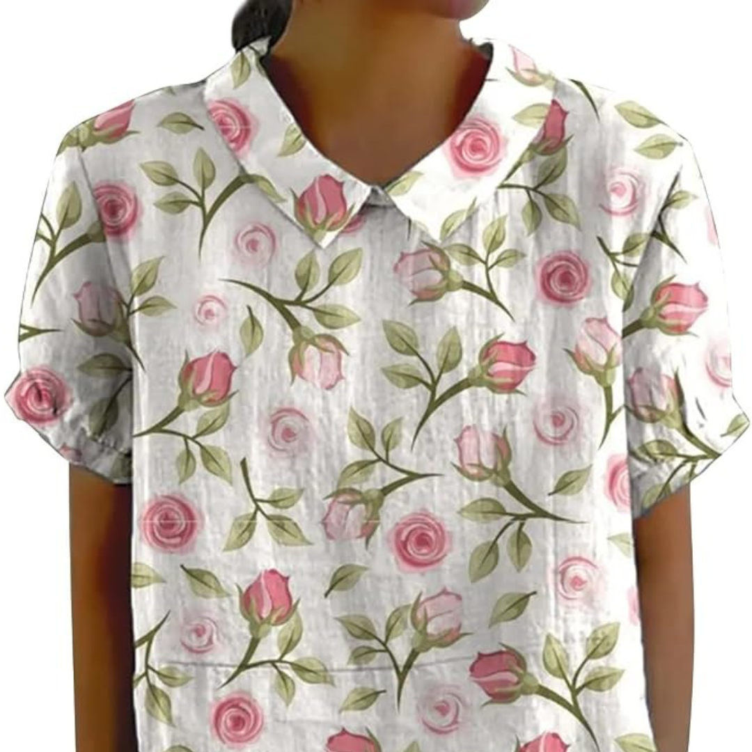 Damen Bluse mit Notch-Kragen-V-Ausschnitt, kurze Ärmel, locker fallend, Allover-Muster