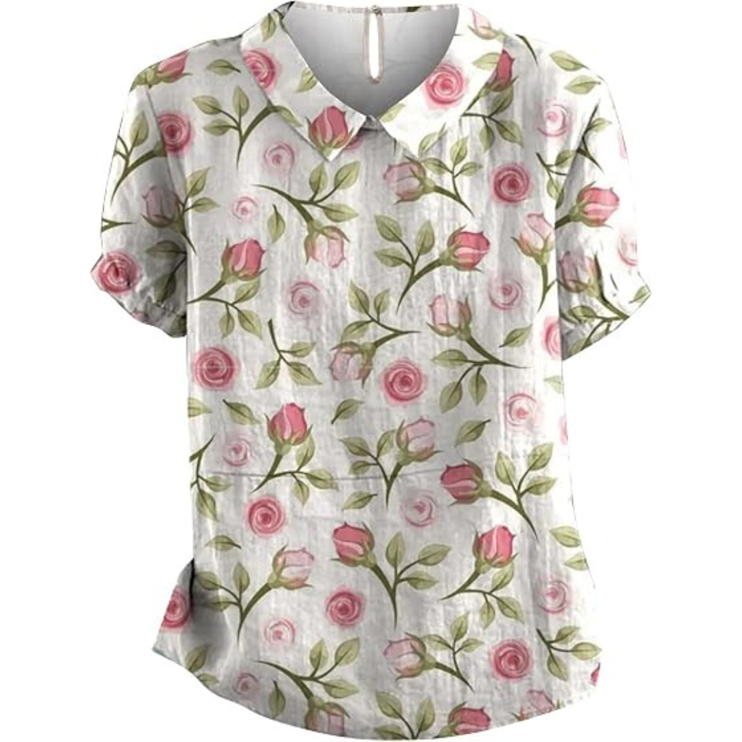Damen Bluse mit Notch-Kragen-V-Ausschnitt, kurze Ärmel, locker fallend, Allover-Muster