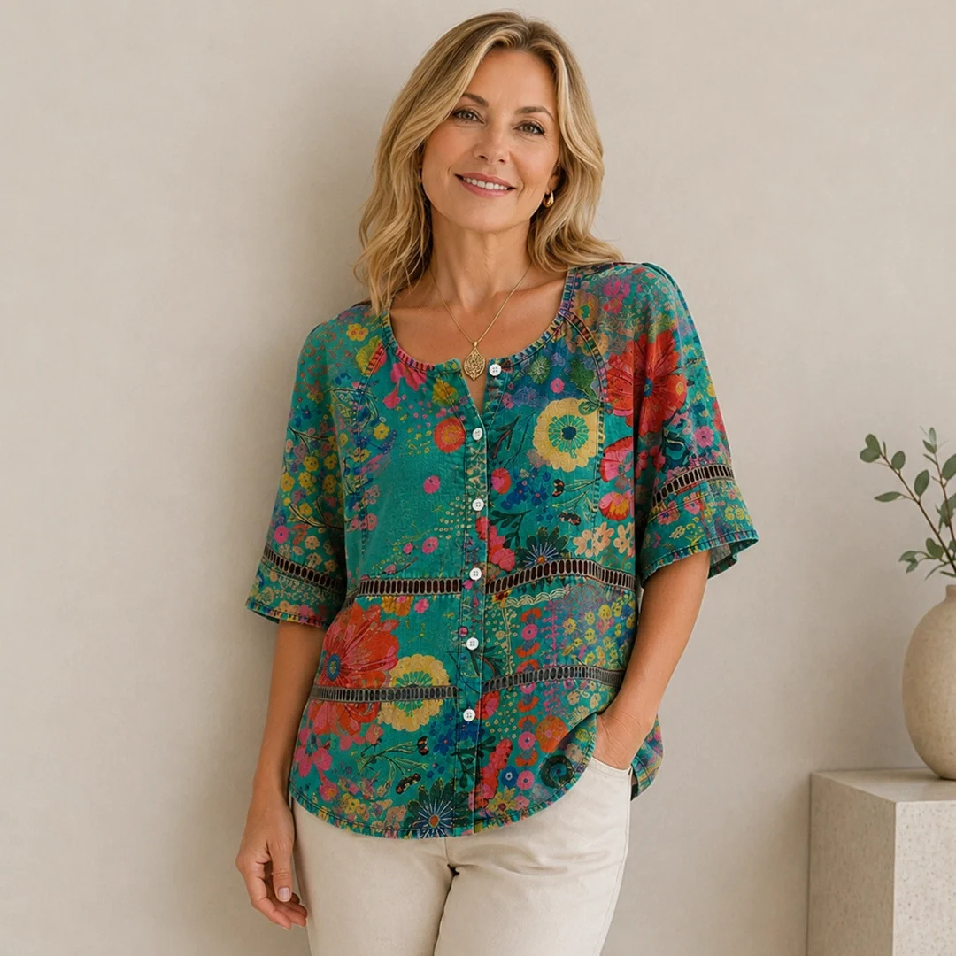 Damen Boho-Bluse Rundhals mit Spitzenbesatz – 3/4-Ärmel, lockere Tunika-Silhouette