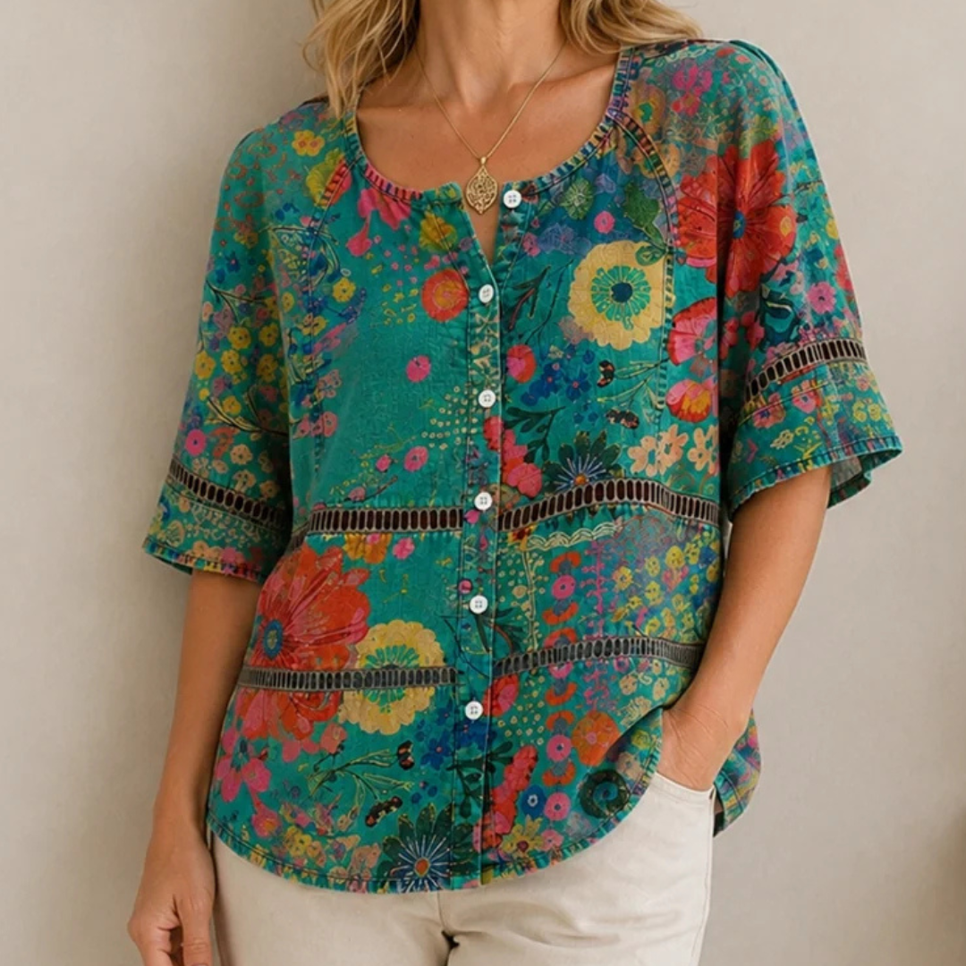 Damen Boho-Bluse Rundhals mit Spitzenbesatz – 3/4-Ärmel, lockere Tunika-Silhouette