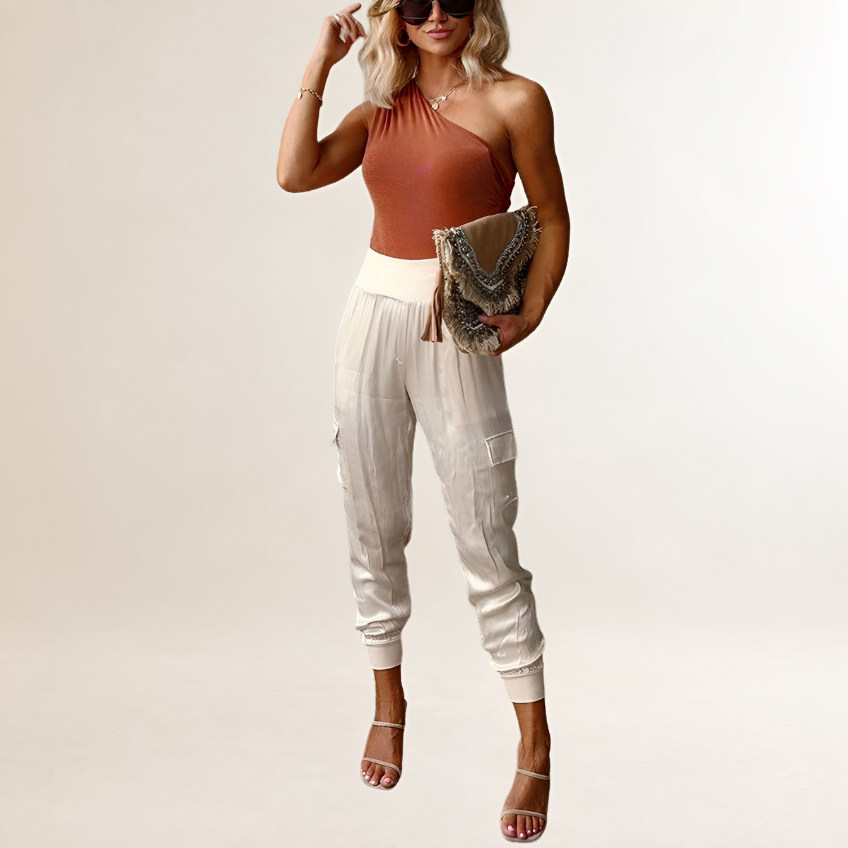 Damen Cargo-Jogginghose mit hohem Bund – seitliche Taschen, Cargo-Taschen, lockerer Schnitt, schmal zulaufendes Bein