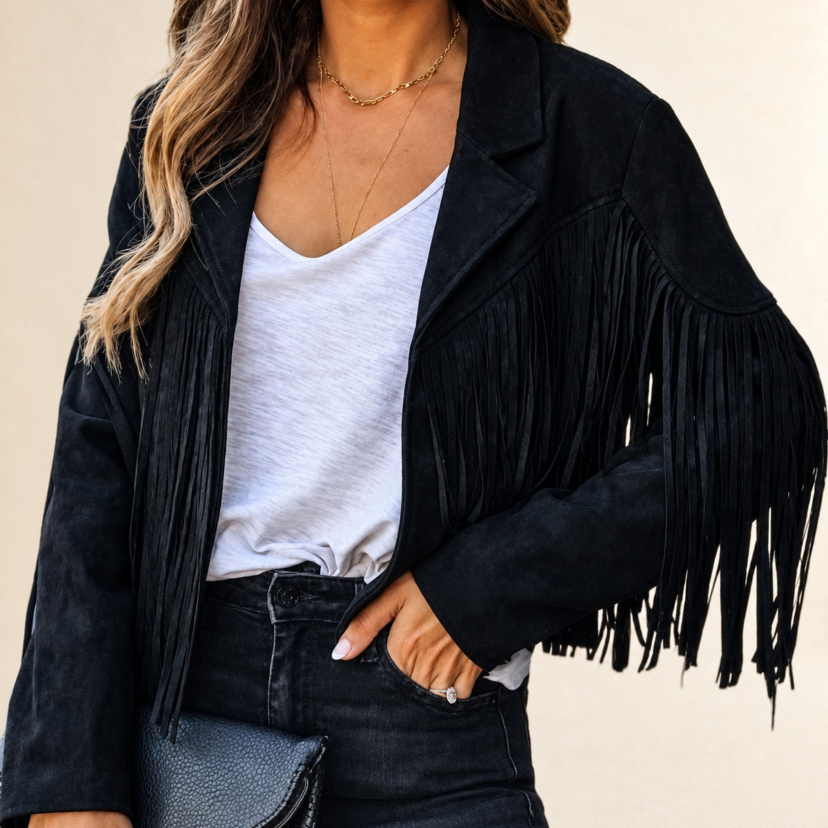 Damen Fransenjacke mit Reverskragen – kürz geschnitten, offene Front, lange Ärmel, reguläre Passform