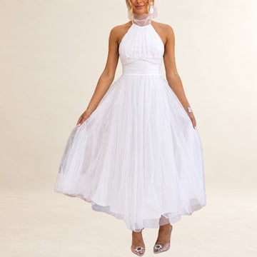 Damen Halterkleid knöchellang mit verstellbarem Halterneck, gerafftem Oberteil und ruchiertem Taillenbund, unsichtbarer Rückenreißverschluss