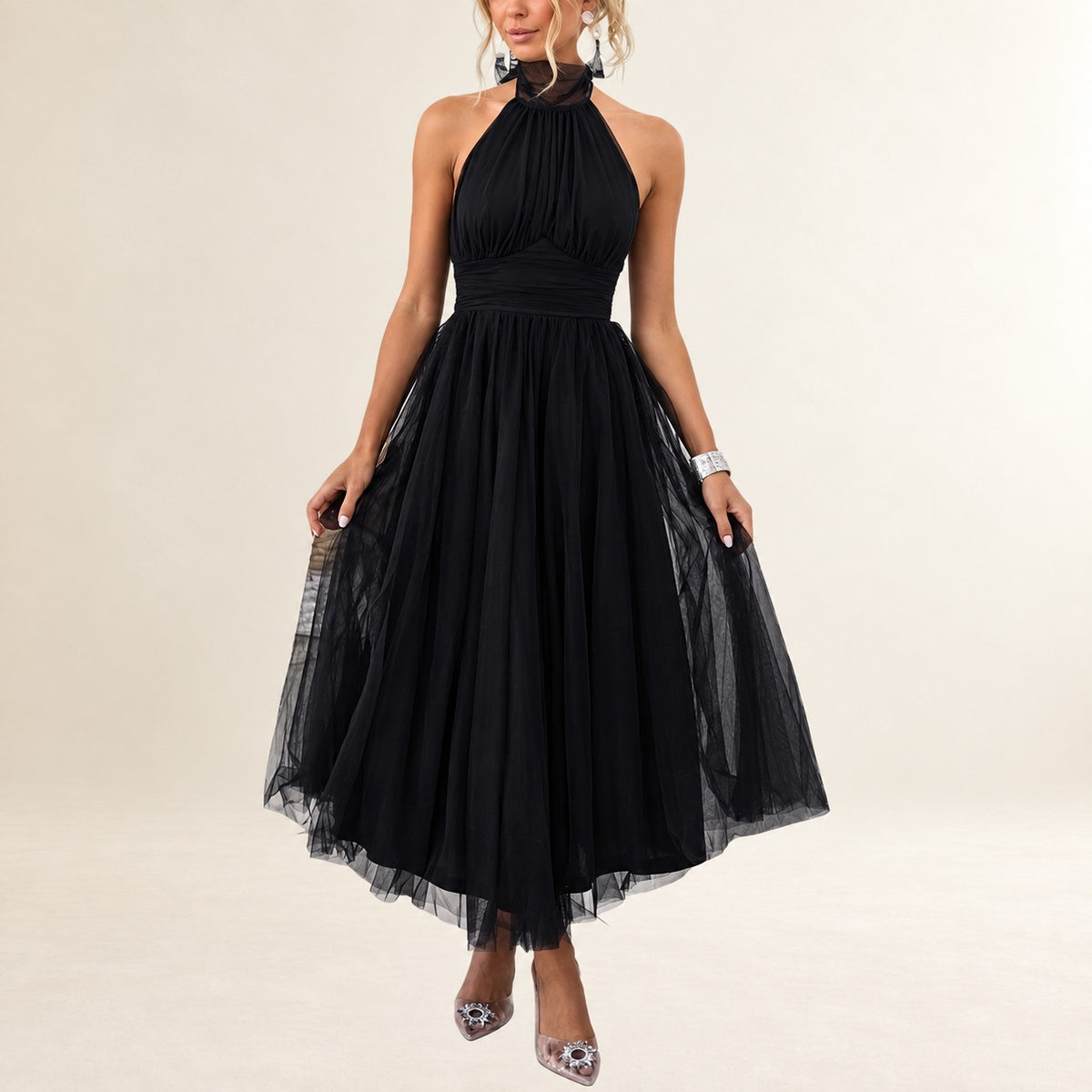 Damen Halterkleid knöchellang mit verstellbarem Halterneck, gerafftem Oberteil und ruchiertem Taillenbund, unsichtbarer Rückenreißverschluss