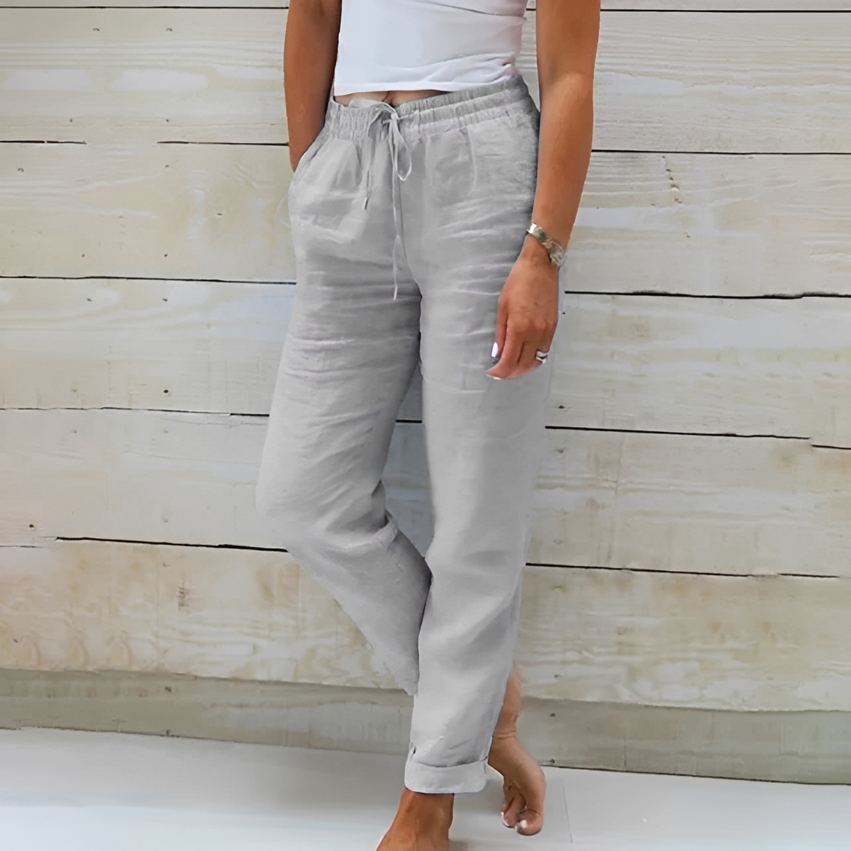 Damen Hose Gerade Beinlinie - elastischer Bund mit Zugband, seitliche Eingrifftaschen, knöchellang