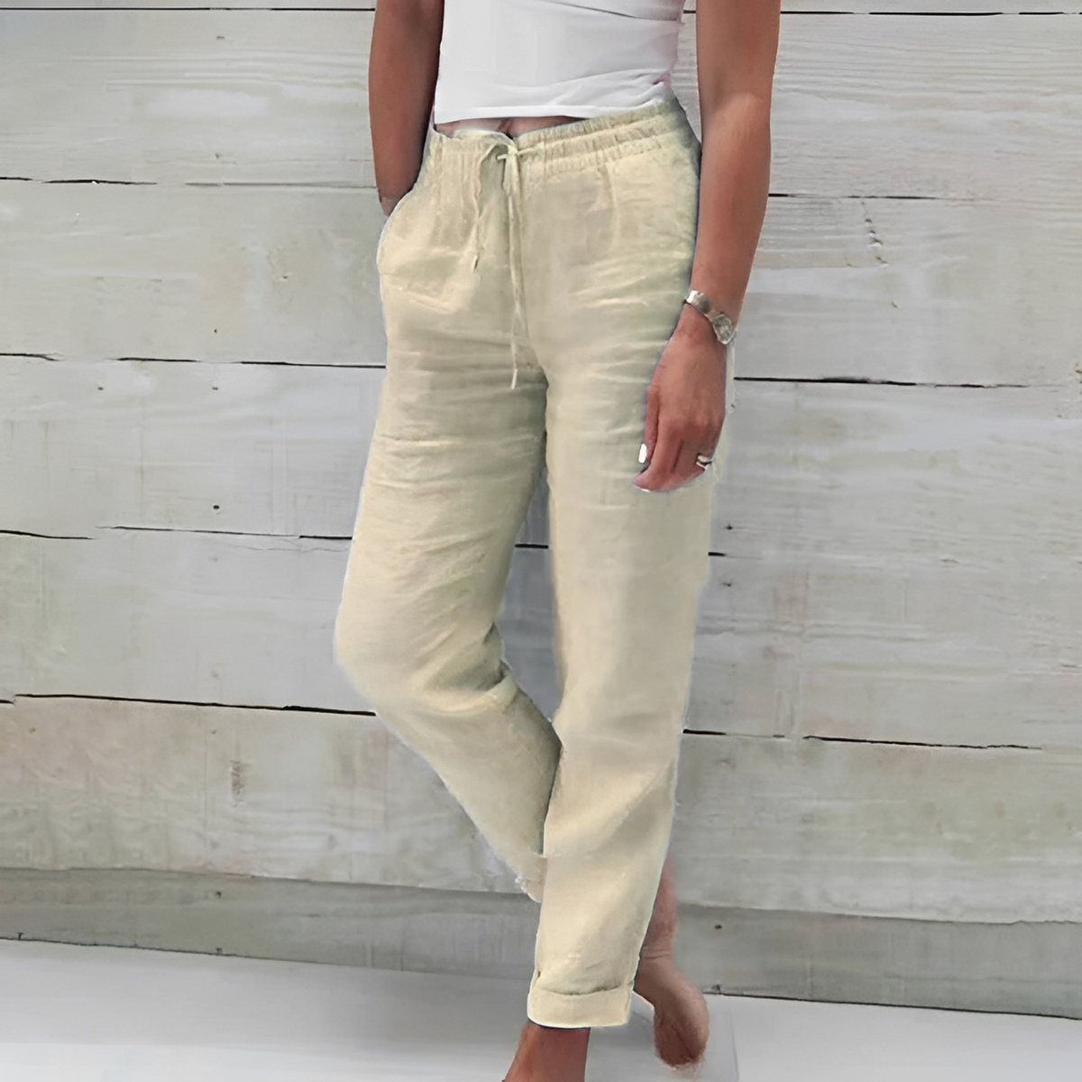 Damen Hose Gerade Beinlinie - elastischer Bund mit Zugband, seitliche Eingrifftaschen, knöchellang