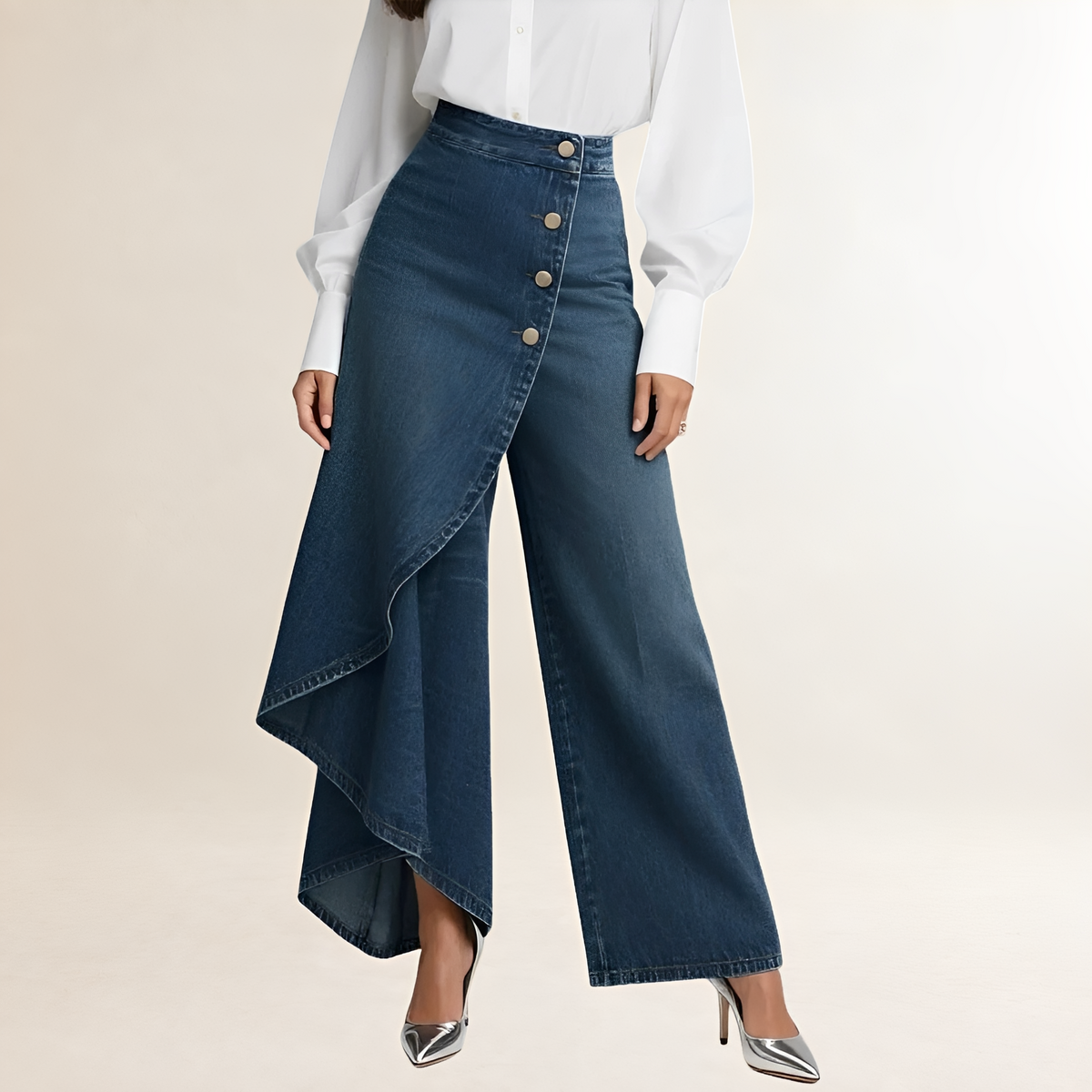 Damen Jeans Hochtailliert Asymmetrischer Überwurf Weitbein Schnitt