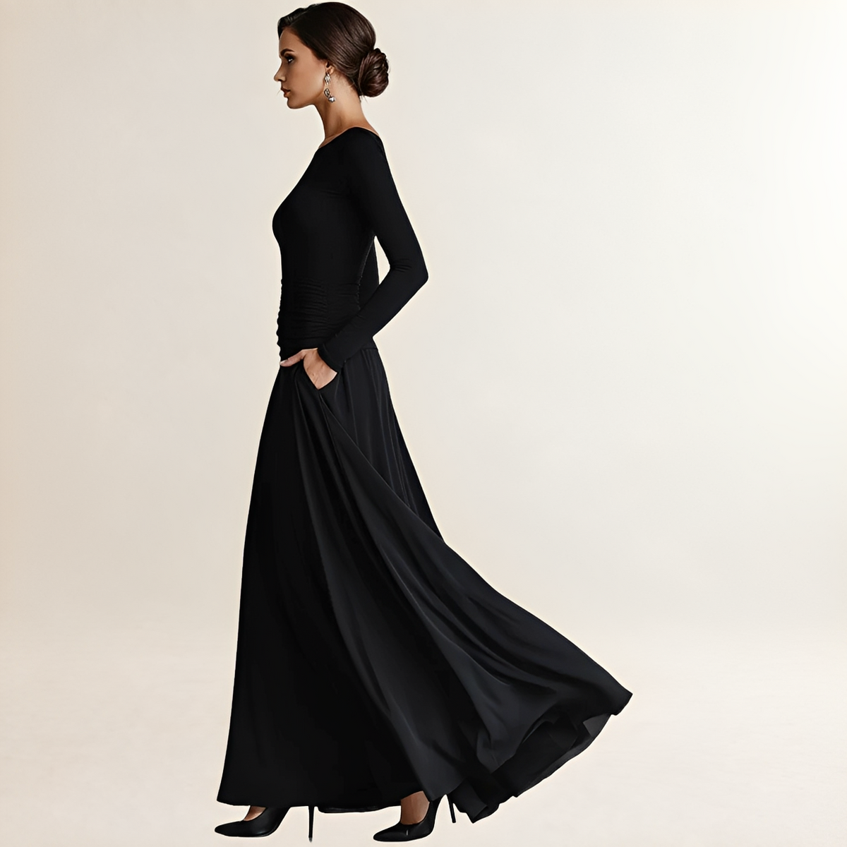 Damen Maxi Kleid Boat-Neck Langarm Drapiert Seiten-taschen Wickeloptik Fitted Bodice