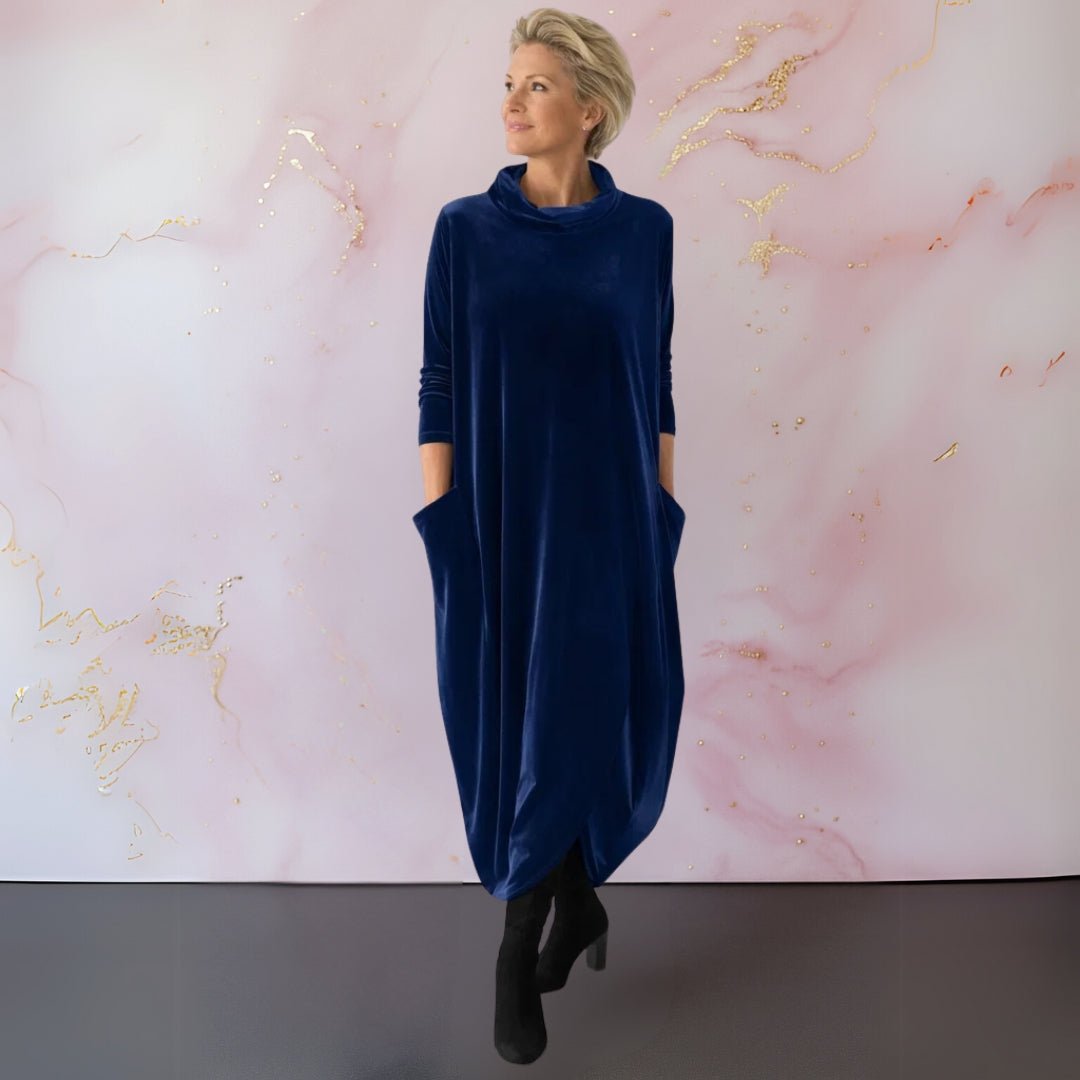 Damen Maxi-Kleid mit Mock-Halsausschnitt und langen Ärmeln – lockerer Drapier-Tulpenmuster-Saum