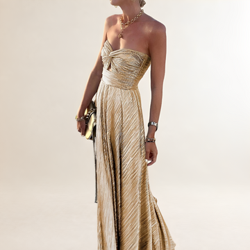 Damen Maxi-Kleid strapless mit Twist-Front Herz-Ausschnitt und Schlüsselloch-Ausschnitt, plissierter A-Linien-Rock