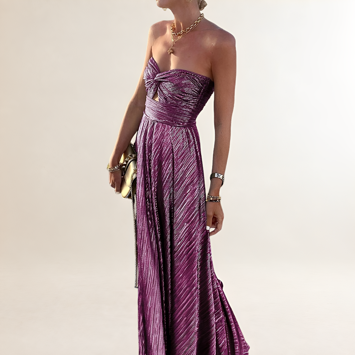 Damen Maxi-Kleid strapless mit Twist-Front Herz-Ausschnitt und Schlüsselloch-Ausschnitt, plissierter A-Linien-Rock