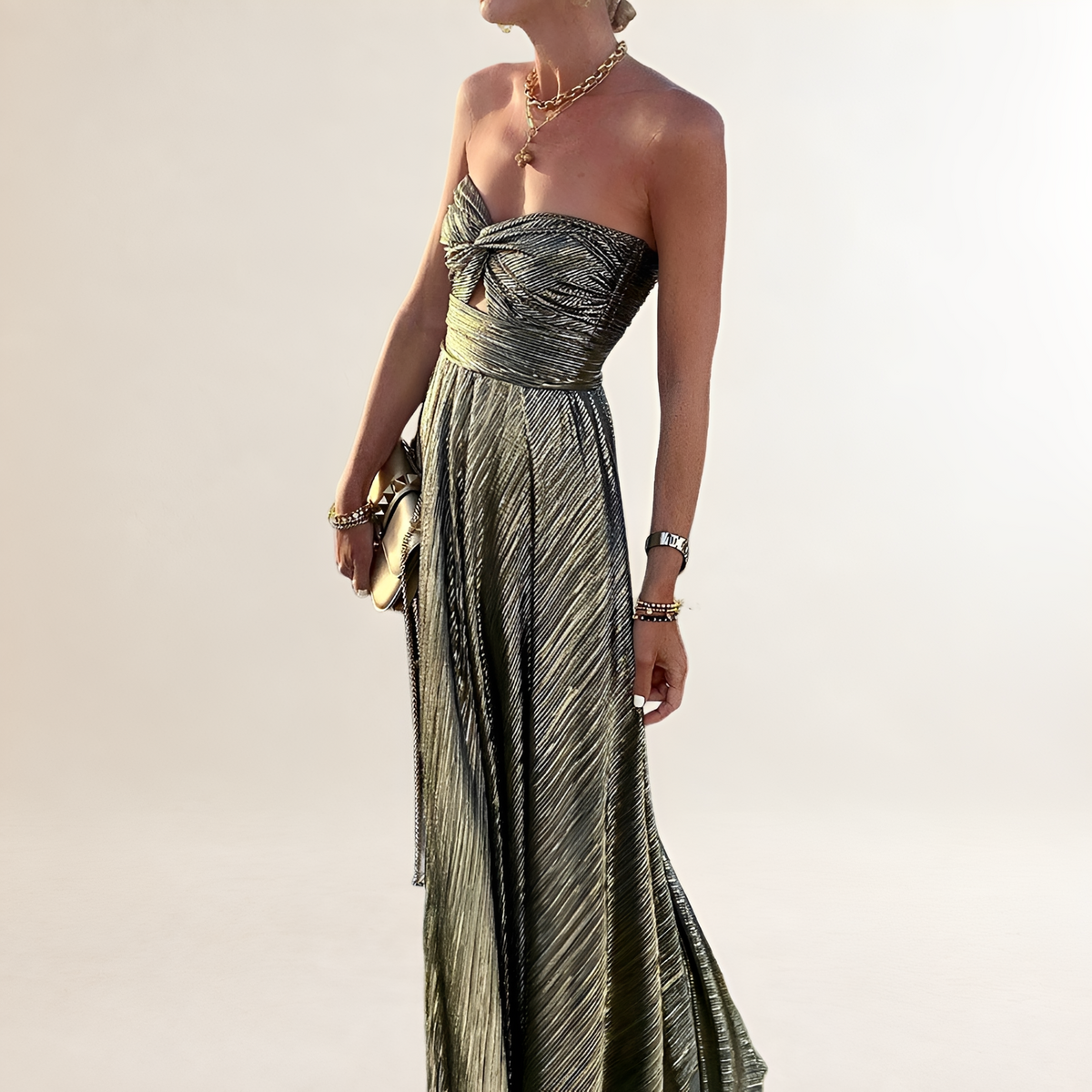 Damen Maxi-Kleid strapless mit Twist-Front Herz-Ausschnitt und Schlüsselloch-Ausschnitt, plissierter A-Linien-Rock