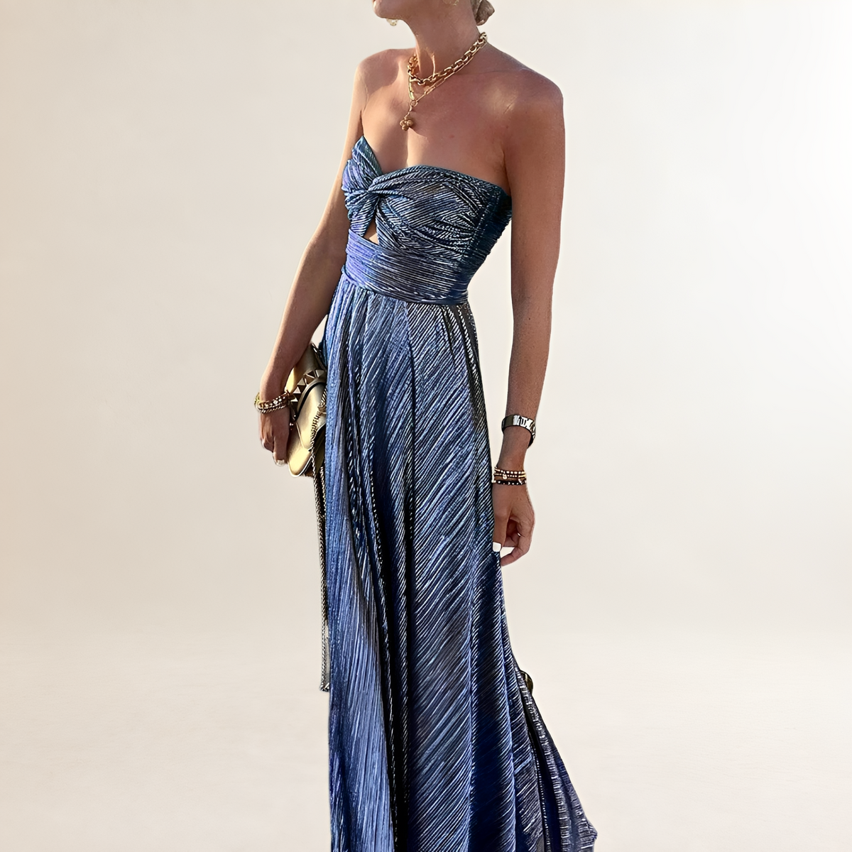 Damen Maxi-Kleid strapless mit Twist-Front Herz-Ausschnitt und Schlüsselloch-Ausschnitt, plissierter A-Linien-Rock