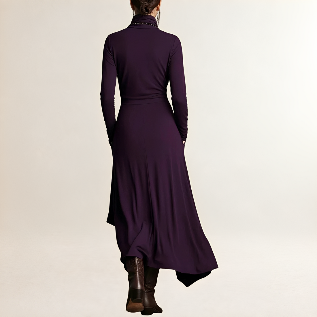 Damen Maxikleid mit Rollkragen - Drapiertes Wickel-Oberteil, Langarm, Asymmetrischer Kaskadensaum, Seitliche Taschen