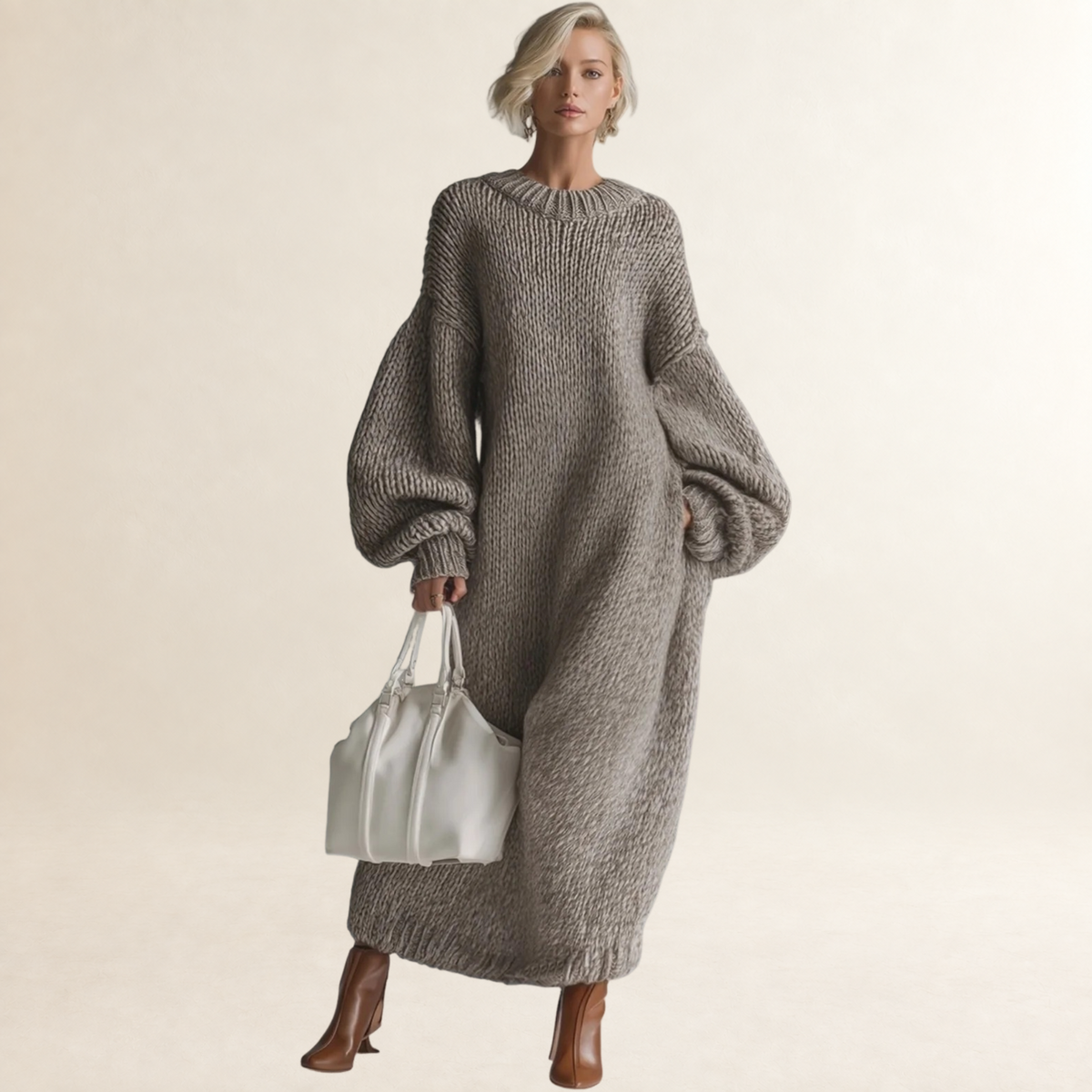 Damen Maxikleid Oversized Rundhals Longsleeve Texturiert Casual