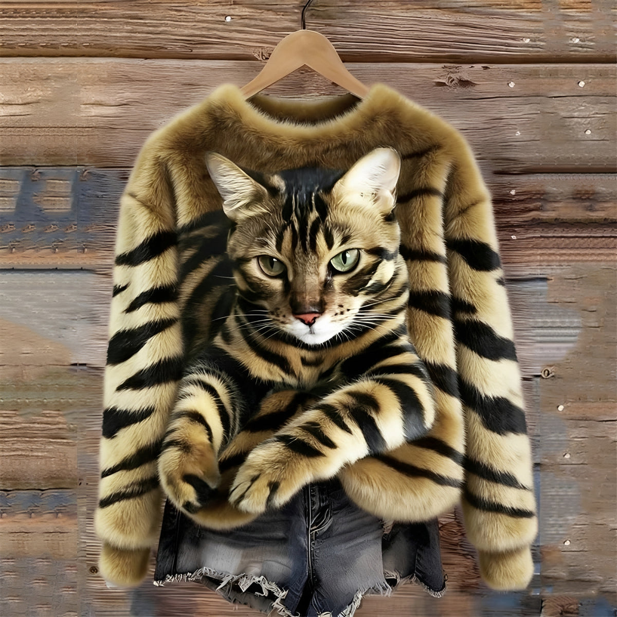 Damen Pullover mit Katzenmotiv und Relaxpassform - Rundhalsausschnitt