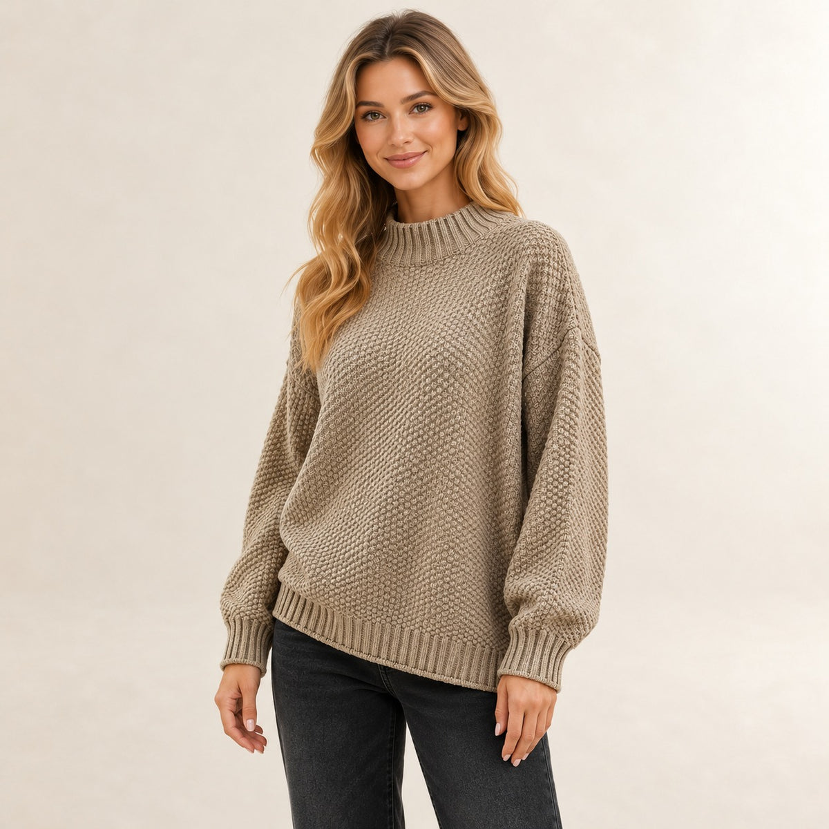 Damen-Pullover mit Rippen-Mock-Kragen und strukturiertem Stichmuster, locker geschnitten