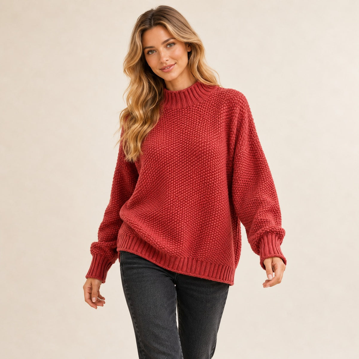 Damen-Pullover mit Rippen-Mock-Kragen und strukturiertem Stichmuster, locker geschnitten