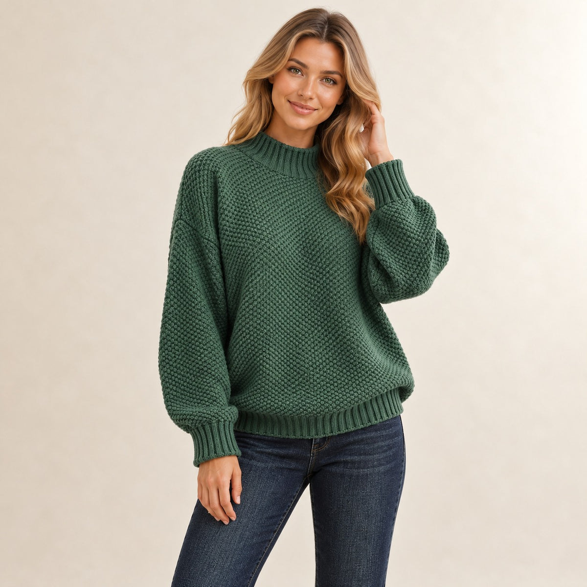 Damen-Pullover mit Rippen-Mock-Kragen und strukturiertem Stichmuster, locker geschnitten