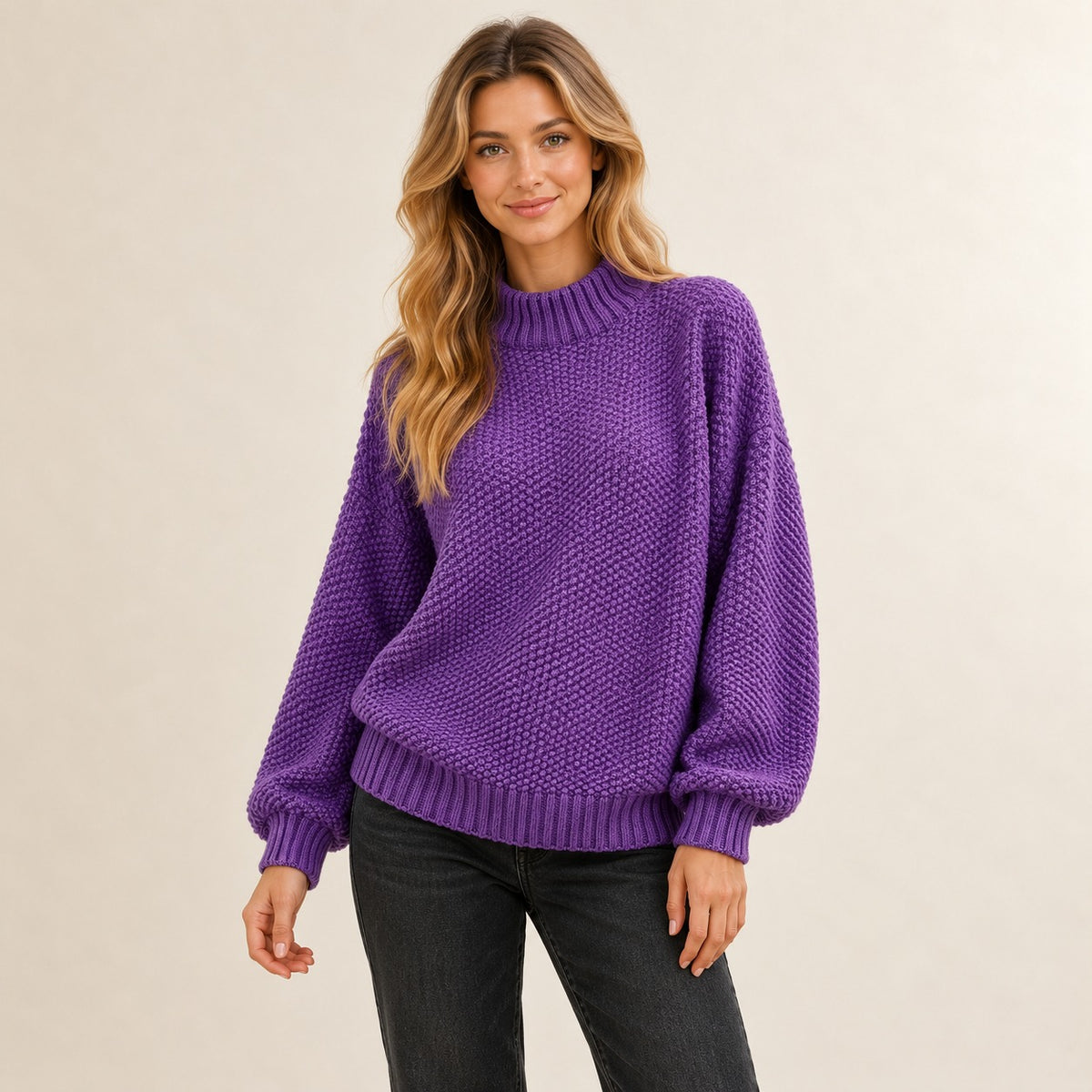 Damen-Pullover mit Rippen-Mock-Kragen und strukturiertem Stichmuster, locker geschnitten