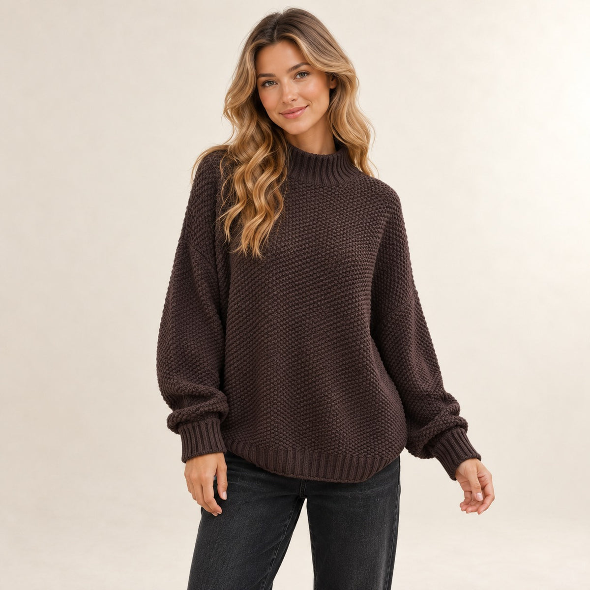 Damen-Pullover mit Rippen-Mock-Kragen und strukturiertem Stichmuster, locker geschnitten