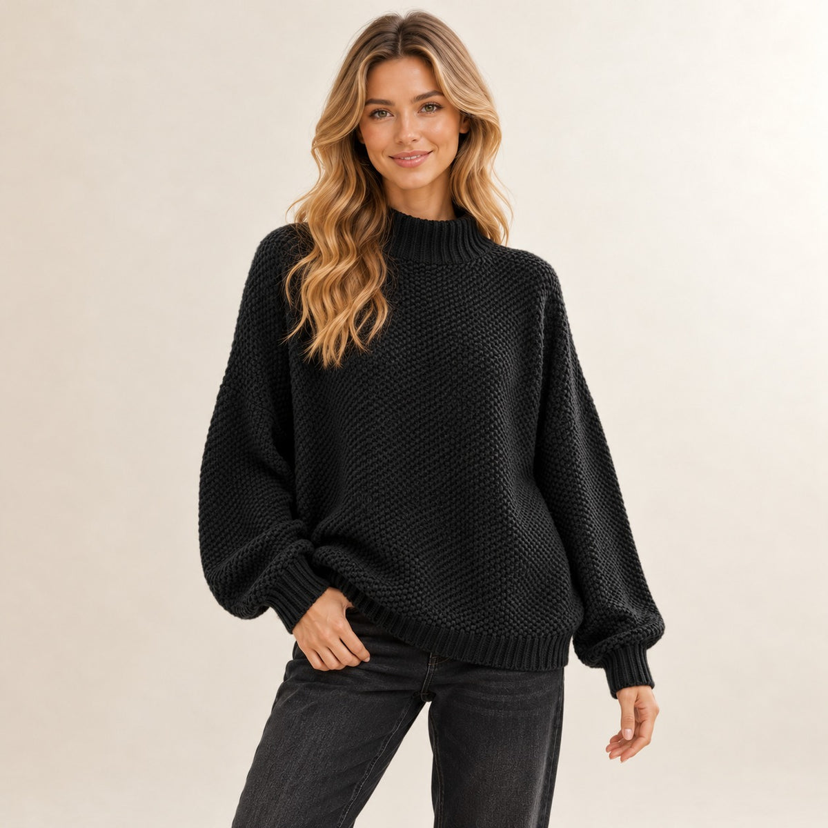 Damen-Pullover mit Rippen-Mock-Kragen und strukturiertem Stichmuster, locker geschnitten