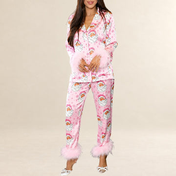 Damen Pyjama-Set: Langarm-Oberteil mit Knopfleiste und Notched-Kragen, Federbesatz an den Bündchen; lockere Hose mit Elastbund und geradem Bein,